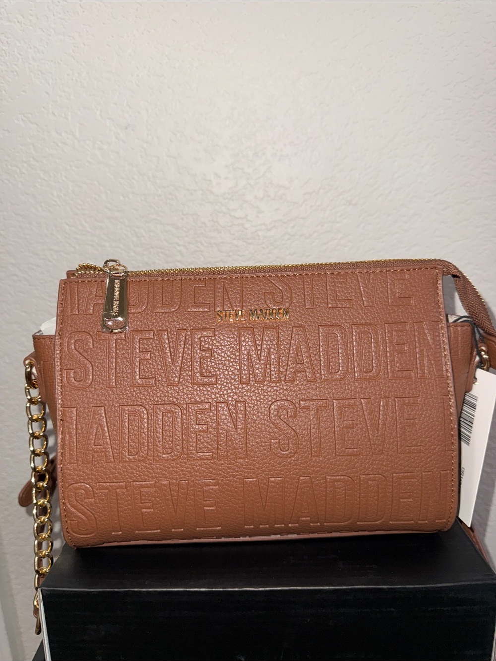 Steve Madden Brown Embossed Logo Crossbody with Gold Chain